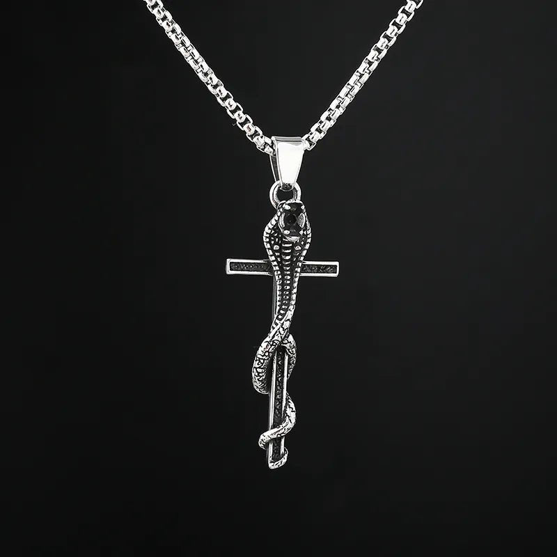 Cobra Snake Entwined Cross Pendant - Chrome Cult