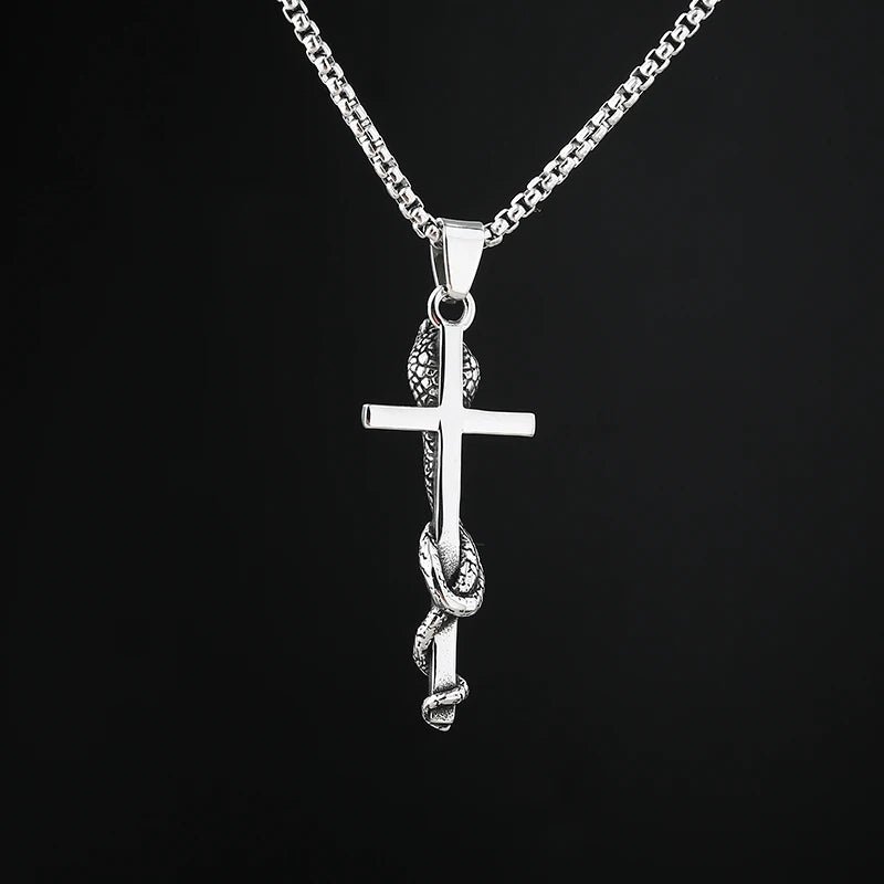 Cobra Snake Entwined Cross Pendant - Chrome Cult