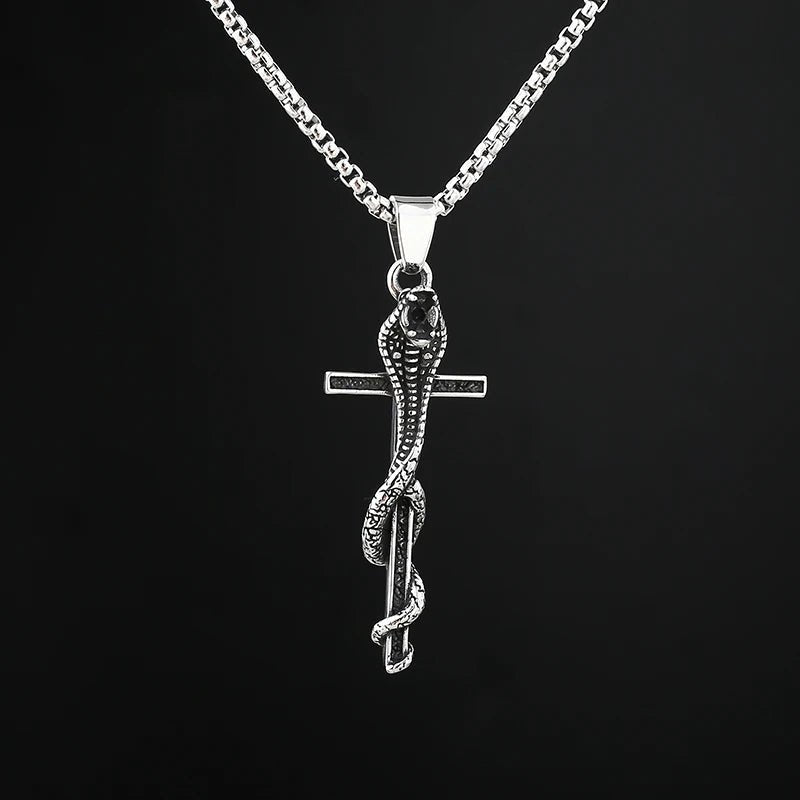 Cobra Snake Entwined Cross Pendant - Chrome Cult