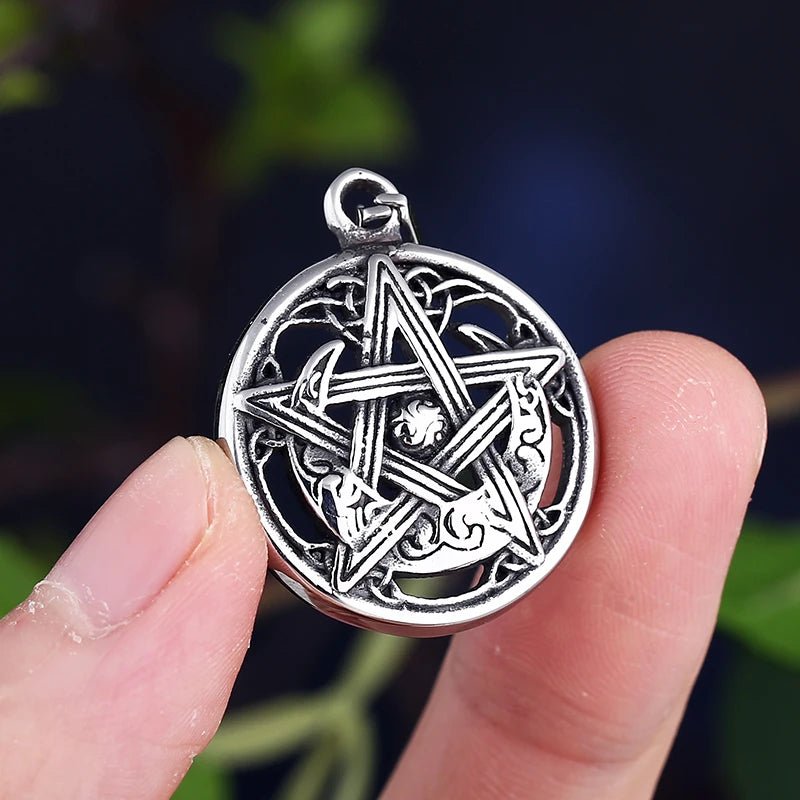 Pentagram Crescent Moon Pendant - Chrome Cult