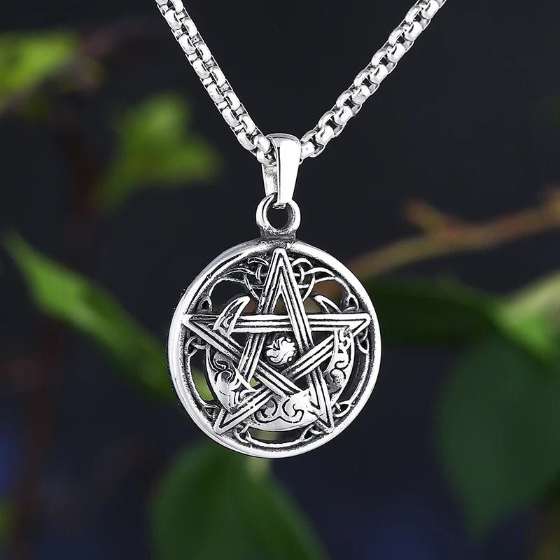 Pentagram Crescent Moon Pendant - Chrome Cult