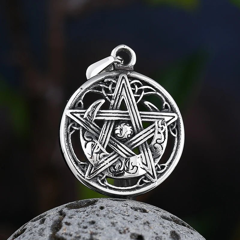 Pentagram Crescent Moon Pendant - Chrome Cult