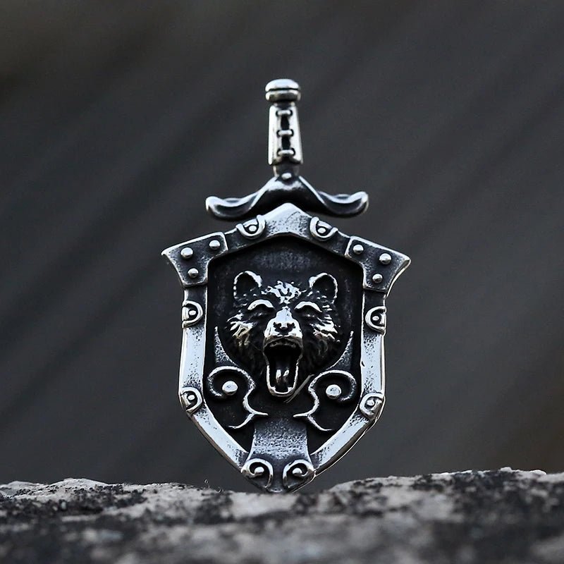 Sworded Bear Berserker Shield Pendant - Chrome Cult